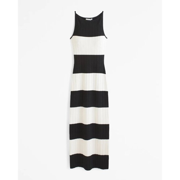 Abercrombie & Fitch High Neck Midi Knit Dress Black White Stripes Large - Picture 2 of 11